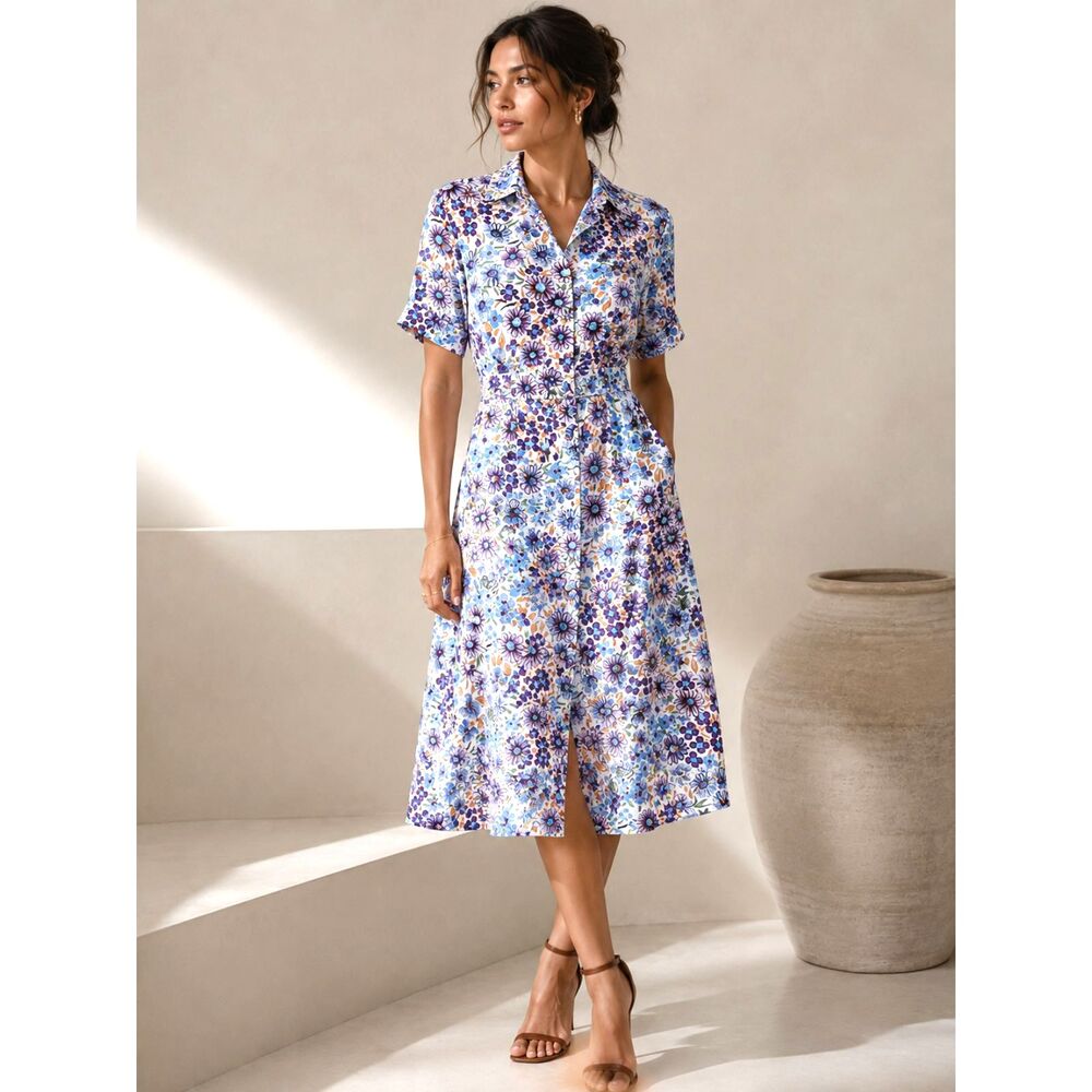 Luisa Spagnoli Vintage Floral Shirt Dress 100% Cotton Made in Italy Midi